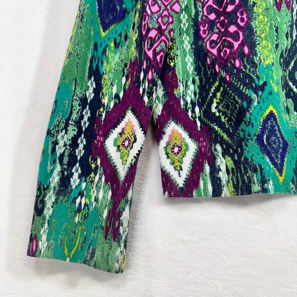 Jones New York Signature Petite Large Boho Printed Cardigan Sweater Green Purple - Picture 3 of 10